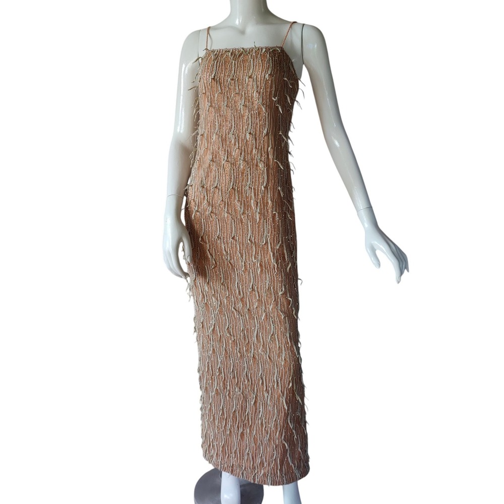 Vintage 90s Gilar Evening Beaded Maxi Dress 3D Leaf Fairycore Pink Coquette 4